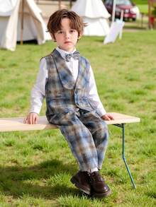 Young Boys 4-Piece Formal Suit Set Vest + Matching Pants + Exquisite Bow Tie + Matching Suspenders Suitable For Family Gatherings, Birthday Parties And Other Occasions High-End Suit - Blue - View 3