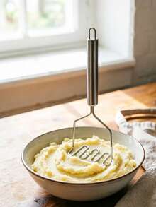 1 pieza Triturador de patatas de acero inoxidable con cabezal de resorte ondulado, fabricante de puré de frutas y verduras para comida de bebé, diseño minimalista elegante, purés caseros, utensilio de cocina fácil de limpiar y a prueba de óxido con bucle colgante, regalo práctico para entusiastas de la cocina - Plateado - Ver 3