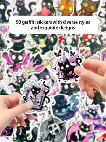 50pcs Horror Soul Cat Creative Waterproof Stickers, Suitable For Laptop, Water Bottle, Skateboard, Guitar, Refrigerator, Desktop, Wall, Helmet, Scrapbook, Phone Case Decoration, Holiday Gift, Birthday Party Gift School Supplies - 50pcs - View 5