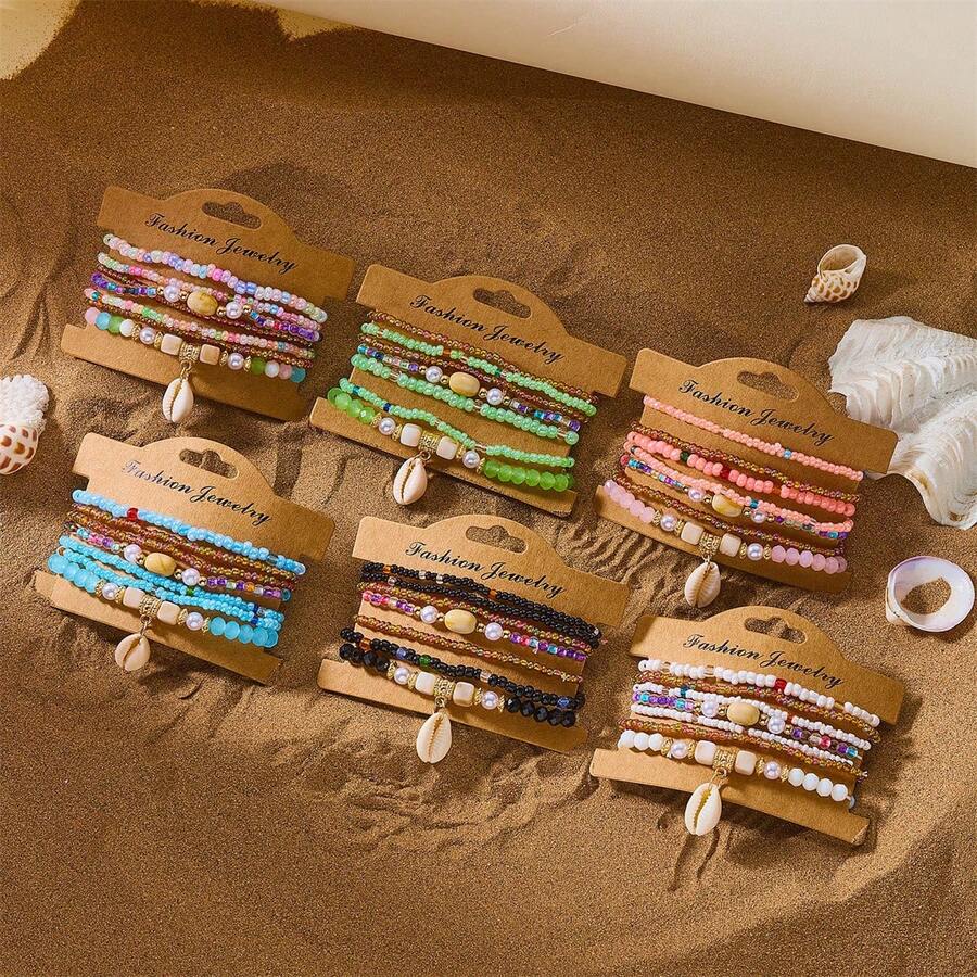 7pcs/1set Ocean Style Shell Pendant Bracelet Set, Multicolor Beaded Design, Bohemian Layered Versatile Women's Jewelry - Multicolor - View 1
