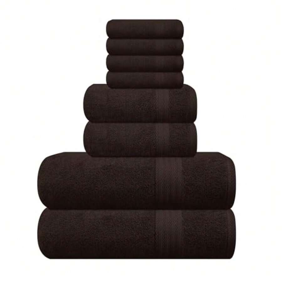 GLAMBURG - Juego de toallas ultra suaves de 8 piezas, 100% algodón puro, incluye 2 toallas de baño de gran tamaño 27 x 54, 2 toallas de mano 16 x 28 y 4 paños de lavado 13 x 13, color - marrón - Ver 1