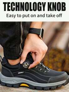 Men's Steel Toe Shoes, Button Design, Anti-Crush, Anti-Puncture, Rubber Sole, Industrial Work Shoes - 黑色 - 查看 2