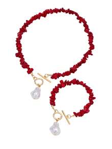 2pcs New Chinese Style Bright Red Crushed Stone & Baroque Pearl Jewelry Set, Niche Design OT Clasp Necklace & Bracelet, Holiday Gift Jewelry Set - Red and White - View 4