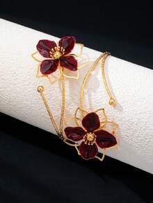 1 buah Gelang Lengan Enamel Motif Bunga Ganda, Rantai Lengan Bunga Berlebihan Gaya Liburan yang Dipersonalisasi, Kelopak 3D yang Ramah Kulit dan Dapat Diatur - Gaya berongga Burgundy - View 5