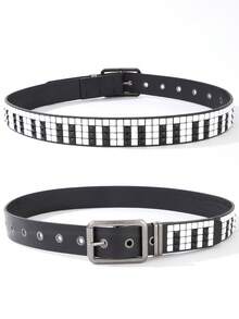 Men Y2K Piano Key Studded Belt Punk Streetwear Black White Waist Belt - Piano Key Rivet Strap - View 3
