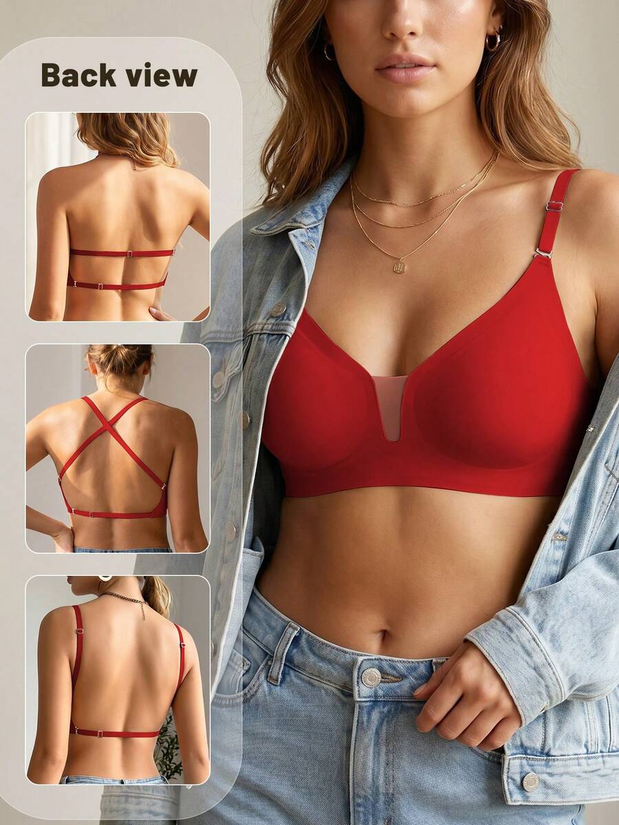 1pc Women's Casual Minimalist Solid Color Deep V-Neck Spaghetti Strap Backless Bra, Comfortable & Suitable For Wedding Dress - Red - View 1
