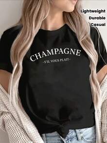 Camiseta de manga corta ligera y resistente, estampada con las palabras "Champagne Si Vous Plait", perfecta para salidas informales o para relajarse en casa, diseñada para ofrecer comodidad - Negro - Ver 2