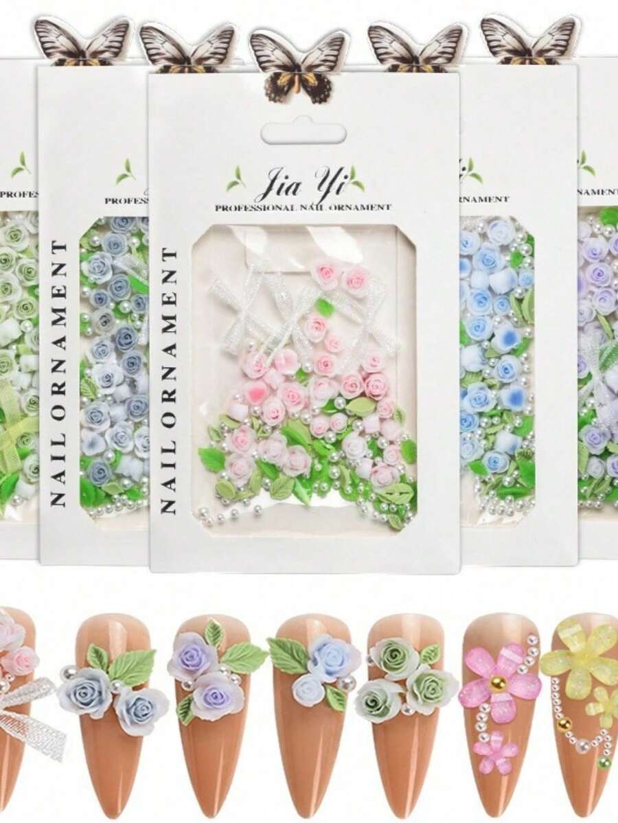 Mini Rose Nail Art Decor, French Bow Colorful Mixed Size Resin Rhinestone Press-On Nail Accessories - Baby Pink - View 1