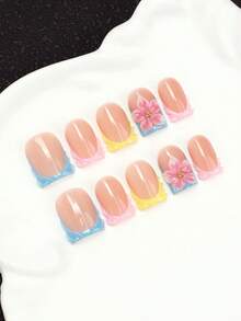 10pcs Handmade Acrylic Press-On Nails, French Short Square Shape, 3D Colorful Ribbon & Hand-Painted Floral Design, Y2K Sweet Style, Multi-Layer Gel Fake Nails, Reusable & Removable Nail Tips, Includes Nail Tool Kit, Suitable For Daily Wear - Multicolor - View 1