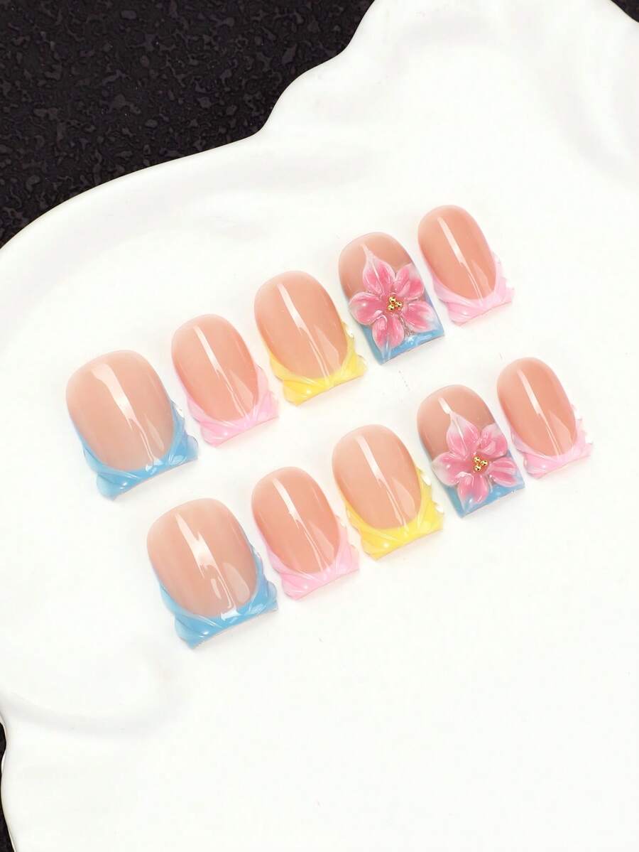 10pcs Handmade Acrylic Press-On Nails, French Short Square Shape, 3D Colorful Ribbon & Hand-Painted Floral Design, Y2K Sweet Style, Multi-Layer Gel Fake Nails, Reusable & Removable Nail Tips, Includes Nail Tool Kit, Suitable For Daily Wear - Multicolor - View 1