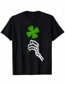 Camiseta de Hombre con Calavera, Mano y Trébol de Cuatro Hojas - Amuleto Irlandés de la Suerte, Camiseta Holgada de Manga Corta con Cuello Redondo, Estilo Gótico Casual, Conjunto para Hombre - Negro - Ver 1
