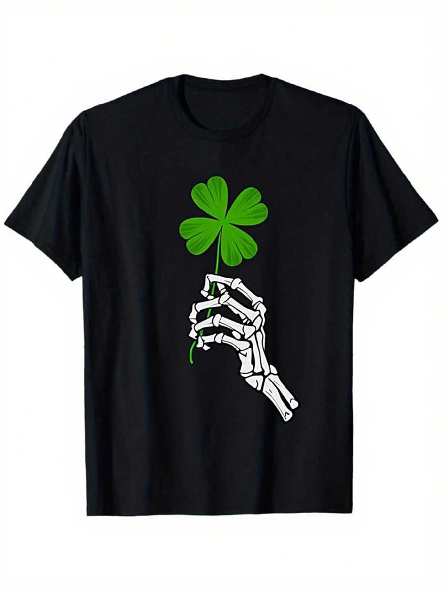 Camiseta de Hombre con Calavera, Mano y Trébol de Cuatro Hojas - Amuleto Irlandés de la Suerte, Camiseta Holgada de Manga Corta con Cuello Redondo, Estilo Gótico Casual, Conjunto para Hombre - Negro - Ver 1