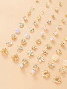 30 Pairs Minimalist Fashion Women's Stud Earring Set, Cute Small Flower Heart & Music Note Earrings Combination, Suitable For Daily Casual Wear, Outings, Jewelry, Holiday Gift - Yellow Gold - View 4