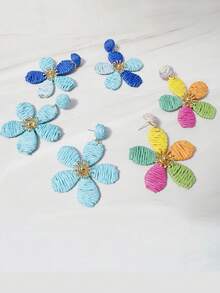 imoli 1 Pair/Fashion Bohemian Color Vacation Gradient Multicolor Handmade Raffia Flower Five-Petal Earrings Suitable For Women's Summer Beach Party Jewelry Gift - Multicolor - View 5