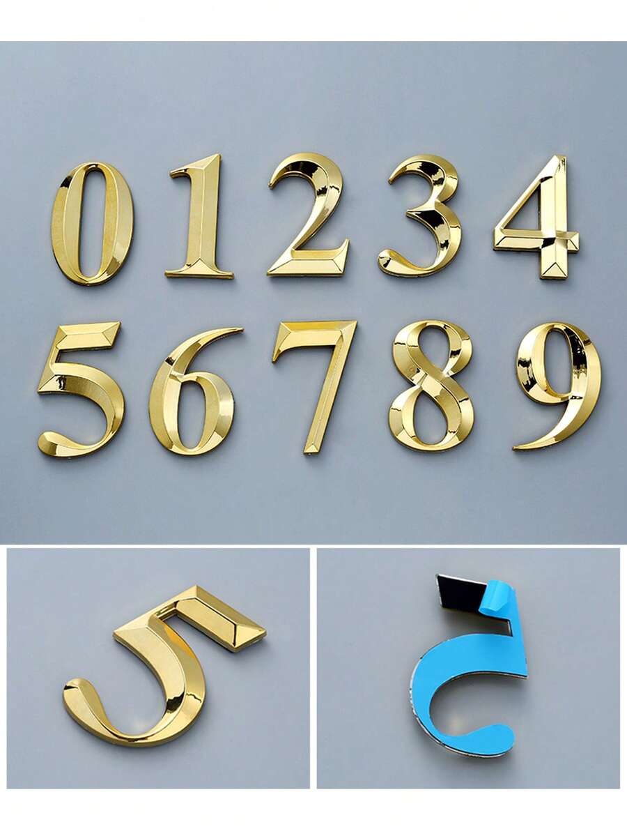 1pc 3D ABS Digital Luxury Style Glossy Gold Geometric Back Adhesive No-Drill Sun-Proof Waterproof Door Sign Gold Number Label Suitable For Villa Luxury Mansion Main Entrance - House Number - View 1