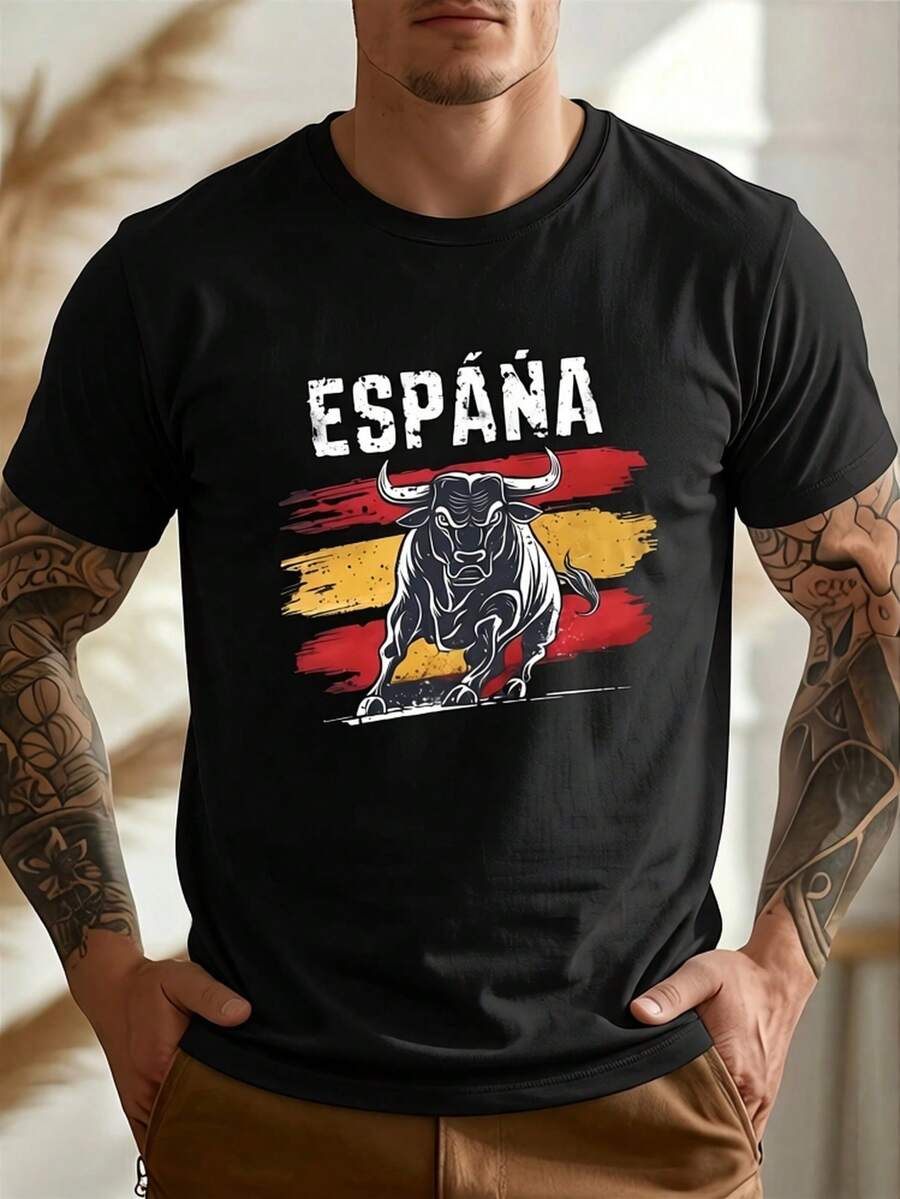 Men's Spanish Flag And Bull T-Shirt - Spanish National Colors And Bull Emblem Design, Breathable Short Sleeve Crew Neck T-Shirt, Suitable For Sports, - Black - View 1