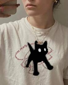 Black Cartoon Cat Tee |   Cute Cat Illustration, Minimal Aesthetic - White - View 2