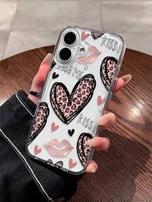 Y2K Aesthetic: Pink Phone Case With Leopard Print And Heart Motif, Cute Transparent, Shockproof Phone Case With "KissMe" Lip Print, Comfortable To Touch, Non-Slip And Shockproof, Compatible With IPhone 17/11/12/13/14/15/16 Pro Max And Other Phone Models. - Multicolor - View 1