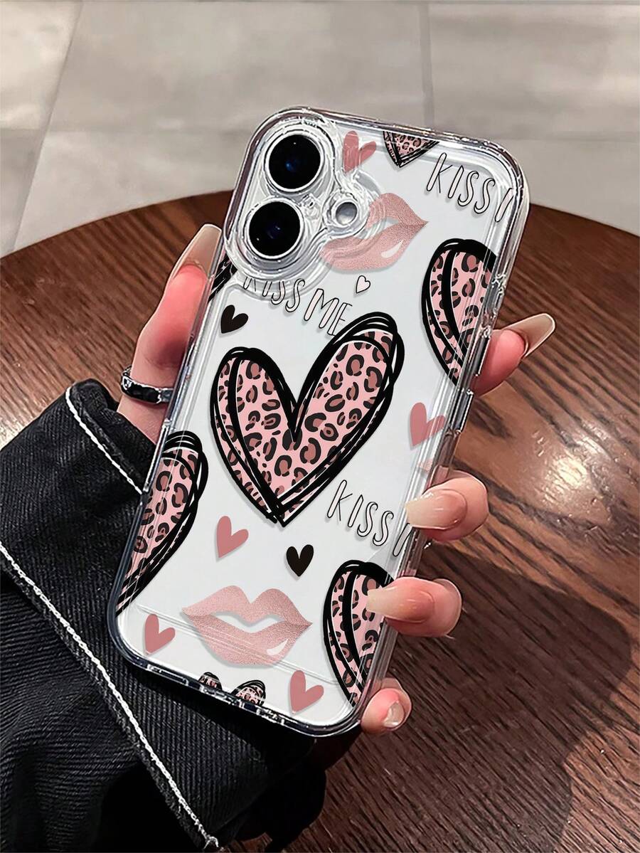 Y2K Aesthetic: Pink Phone Case With Leopard Print And Heart Motif, Cute Transparent, Shockproof Phone Case With "KissMe" Lip Print, Comfortable To Touch, Non-Slip And Shockproof, Compatible With IPhone 17/11/12/13/14/15/16 Pro Max And Other Phone Models. - Multicolor - View 1