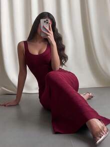 Women's Fashion Summer Sexy Elegant Backless Spaghetti Strap Red Long Ribbed Bodycon Bandage Dress, Evening Party Cocktail Nightclub Dress - Burgundy - View 2