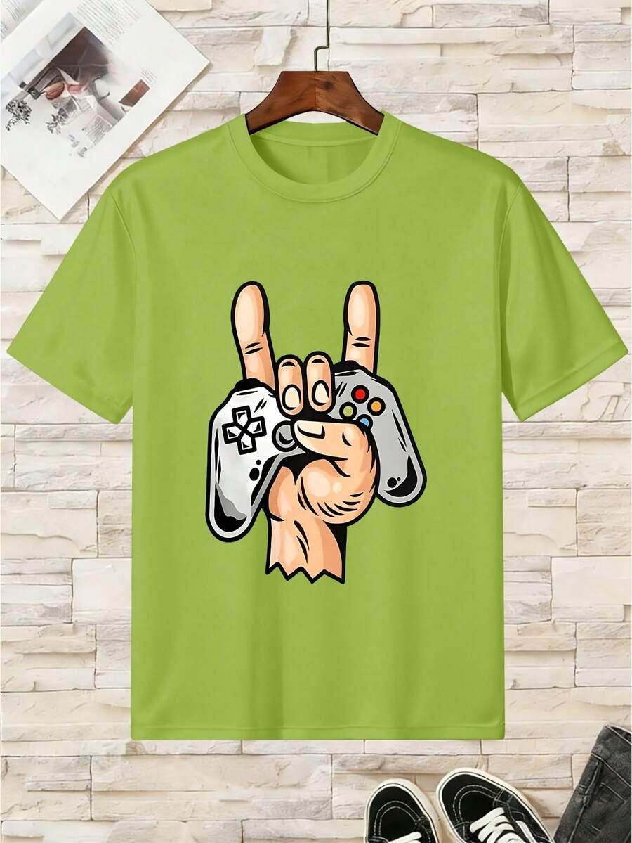 Camiseta de algodón puro para niño con diseño de mando de videojuegos - verde claro - Ver 1