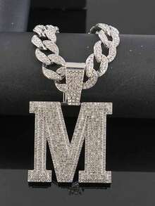 Rhinestone Large Letter M Pendant Cuban Chain, Men's Hip Hop Shiny Diamond Necklace Jewelry - M Pendant Necklace - View 4