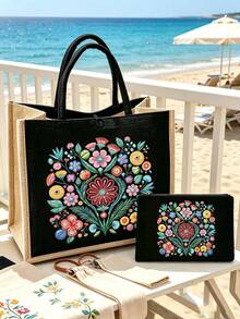 Bohemian Vintage Floral Tote Bag Set, Women's Tote Bag And Wallet Set, Minimalist Decoration, Mexican Style Print Includes Tote Bag And Coin Purse, Eastern European Art Style Large Capacity Women's Bag, Makeup Storage Bag, Simple Large Capacity Tote Bag, Portable Casual Shopping Bag, Multi-Functional Shopping Bag. School Campus & Travel Vacation Back To School Gift Small Gift Exchange, Back To School Season, Valentine's Day - Multicolor - View 2