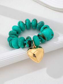1 Peça Pulseira Elástica com Contas Multicoloridas Feita à Mão, Pulseira com Contas Redondas de Acrílico com Pingente de Coração Banhado a Ouro, Joia de Destaque Empilhável para Mulheres - Multicolorido - Visão 7