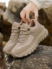 Solid Color Outdoor Lace-Up Hiking Shoes, All-Season Versatile Retro Round Toe Plus Size Street Style Thick Sole Work Boots For Men - Khaki - View 2
