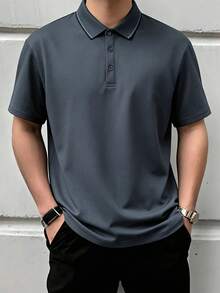 男士夏季休闲百搭条纹领 Polo 衫 - 深灰色 - 查看 1