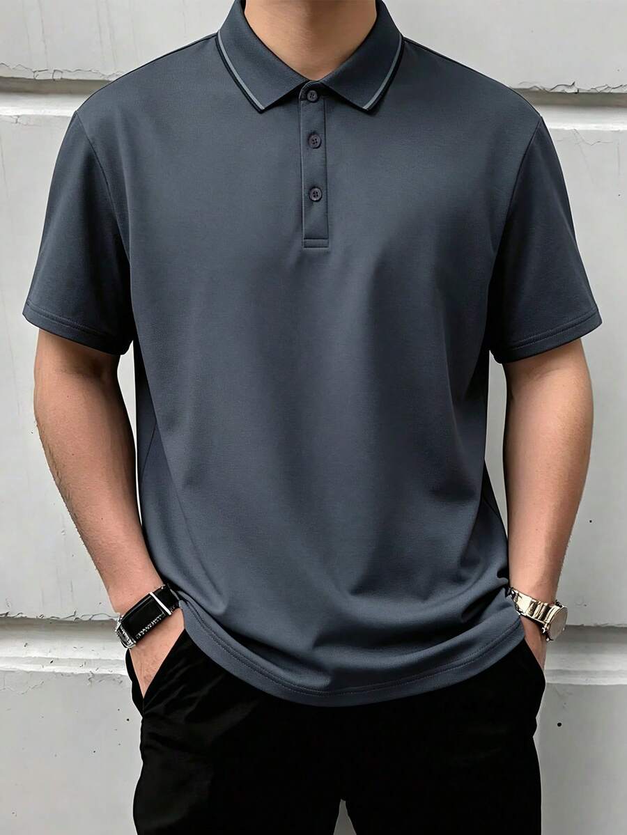 男士夏季休闲百搭条纹领 Polo 衫 - 深灰色 - 查看 1