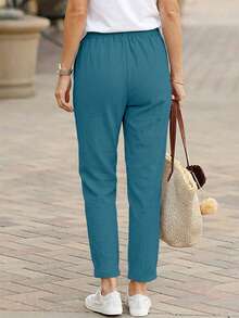 Jisfaneya Women's Solid Color Drawstring Casual Straight Leg Pants With Pockets - Lake Blue - View 3