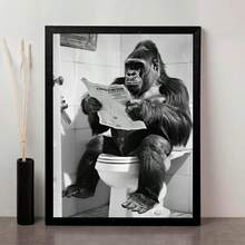 2D Flat 2D Art 1pc Unframed Gorilla Sitting On Toilet Reading Newspaper Vintage Style Canvas Print - 30.48X40.64cm Unframed Bathroom Wall Art, Home And Office Humorous Animal Decor, Mother's Day Gift, Apartment Decoration - C - View 1