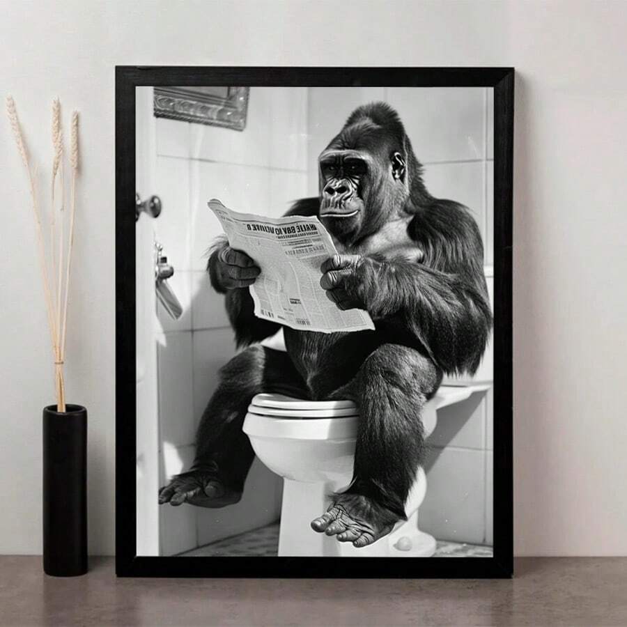 2D Flat 2D Art 1pc Unframed Gorilla Sitting On Toilet Reading Newspaper Vintage Style Canvas Print - 30.48X40.64cm Unframed Bathroom Wall Art, Home And Office Humorous Animal Decor, Mother's Day Gift, Apartment Decoration - C - View 1