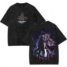 Camiseta gran tamaño Aincrad SAO Kirito x Asuna, estilo años 2000 doble cara, manga ácida, algodón unisex casual, ropa calle otakus, regalo fanáticos anime. - Negro - Ver 1