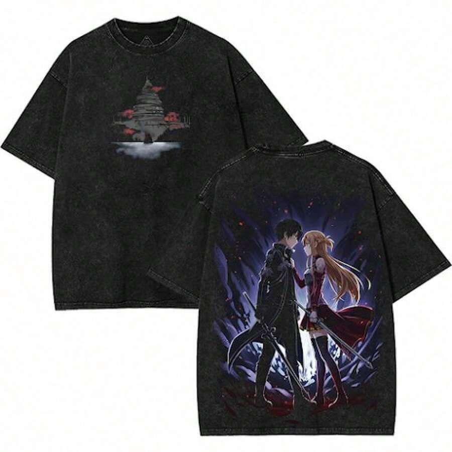 Camiseta gran tamaño Aincrad SAO Kirito x Asuna, estilo años 2000 doble cara, manga ácida, algodón unisex casual, ropa calle otakus, regalo fanáticos anime. - Negro - Ver 1
