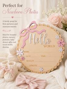1pc "Hello World" Wooden Baby Birth Announcement Plaque, Pink Floral Newborn Name Date Time Weight Length Board, Baby Girl Nursery Decor Photo Prop, Welcoming Party Decoration & Keepsake - Pink - View 8