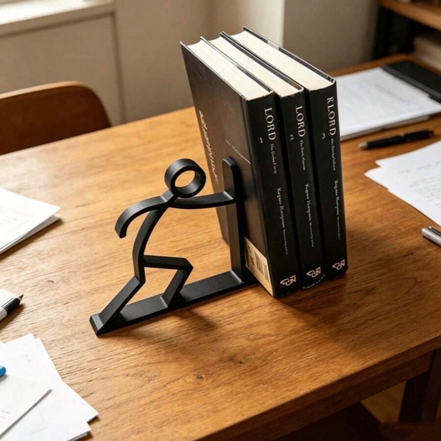 Small Figurine Bookend, Creative Press-Style Bookshelf, Metal Non-Slip, Suitable For Student Textbook Storage/Desk Organization/Study Room Decoration, Black Metal Figurine Press Design, Suitable For Student Textbooks - A - View 1