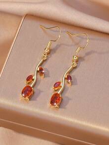 1 Pair (2pcs) Elegant Leaf & Rose Flower Colorful Shiny Zirconia Leaf Earrings, Golden Eternal Love Energy Jewelry, Suitable For Women's Daily, Date, Wedding Bridesmaid Wear, Great Gift For Bride, Valentine's Day, Mother's Day - Gold - View 5