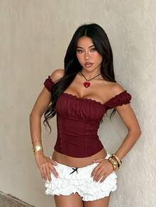 1pc Patchwork Fabric Chest Ruched Slit Lace Splice Sleeveless Top, Beach & Summer Wear For Women - Burgundy - View 5