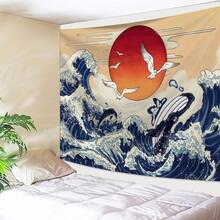 1pc Seagull Wave Sun Bohemian Style Printed Tapestry, Includes 3 Wall Nails And 2 Clips, Printed Rectangular Bedroom Wall Decor Hanging Cloth With Drape - Multicolor - View 10