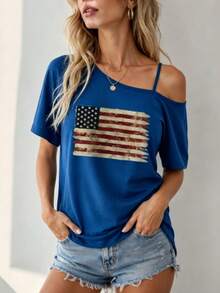 2026 New One-Shoulder T-Shirt, Short-Sleeved T-Shirt, American Flag, Patriotic Print Fashion Top, One-Shoulder Strap, Sexy Off-Shoulder Fashion Outfit - 藍色 - 查看 1