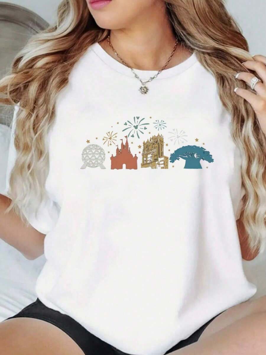 Camiseta Holgada Estampada para Mujer - Tejido de Poliéster Casual con Cuello Redondo, Comodidad para Todas las Temporadas, Top Festivo para Vacaciones, 1 Pieza, 200gsm - Blanco - Ver 1