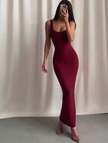 Women's Fashion Summer Sexy Elegant Backless Spaghetti Strap Red Long Ribbed Bodycon Bandage Dress, Evening Party Cocktail Nightclub Dress - Burgundy - View 6