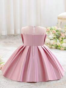 Baby Girl Sequin Patchwork Round Neck Pleated Party Dress, Suitable For Gatherings, Weddings, Birthdays, Celebrations, Formal Occasions, All Seasons - Dusty Pink - View 5