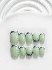 10片裝軟嫩清新手工穿戴甲，Poly Gel美甲套組，線條圖案綠色指甲油，酷帥前衛風格，附美甲工具，3種尺寸可選：方形、短方形、杏仁形，適合派對、跳舞、日常配戴 - 彩色 - 查看 20