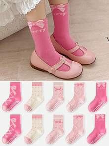5 Pairs Kids Floor Socks Pink Bow Pattern Dotted Grip Soft Sole Indoor Anti-Slip Mid-Calf Socks For Baby Boys And Girls Japanese Cartoon Versatile - Multicolor - View 9