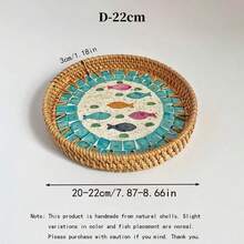 1pc Pearl Shell Inlaid Wooden Base Woven Rattan Decorative Tray, Not For Food Contact, Home Decor - Yellow - View 24