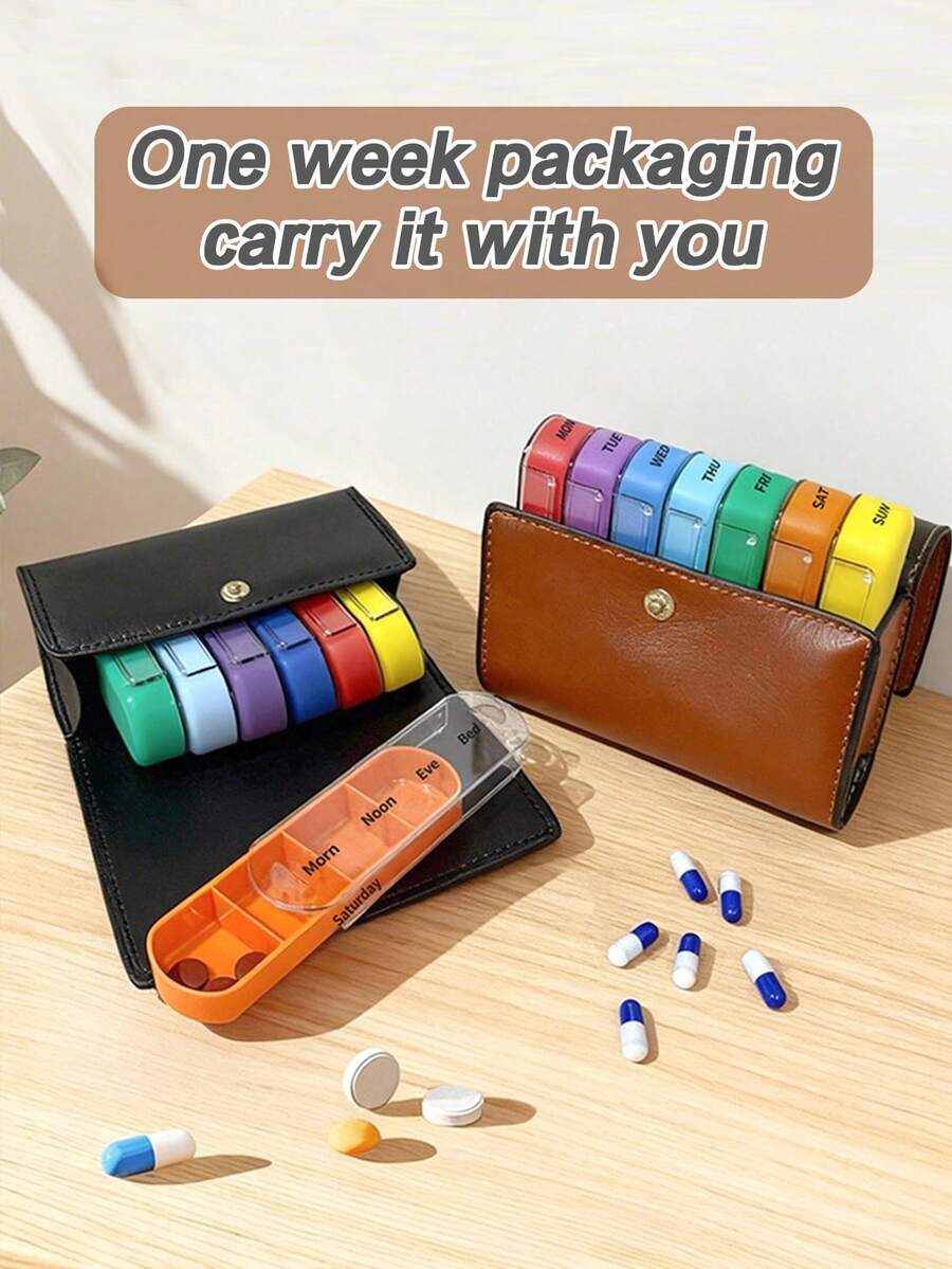 1-7 Day Pill Box With Leather Storage Case, 4-Times Daily Medication Reminder, Convenient For Travel And Daily Use