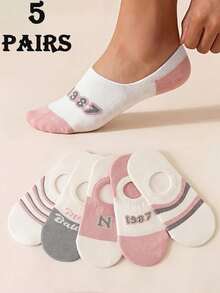 2/5/10 Pairs Random Assorted Women's Invisible Boat Socks, Minimalist Casual Style, Number & Letter Jacquard, Sweat-Absorbent, Durable, Anti-Pilling, Suitable For Young Women's Daily Commute And All-Occasion Wear, Perfect Mother's Day Gift - Multicolor - View 12